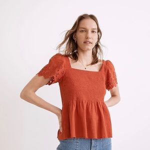 Madewell Eyelet-Sleeve Lucie Smocked Peplum Top